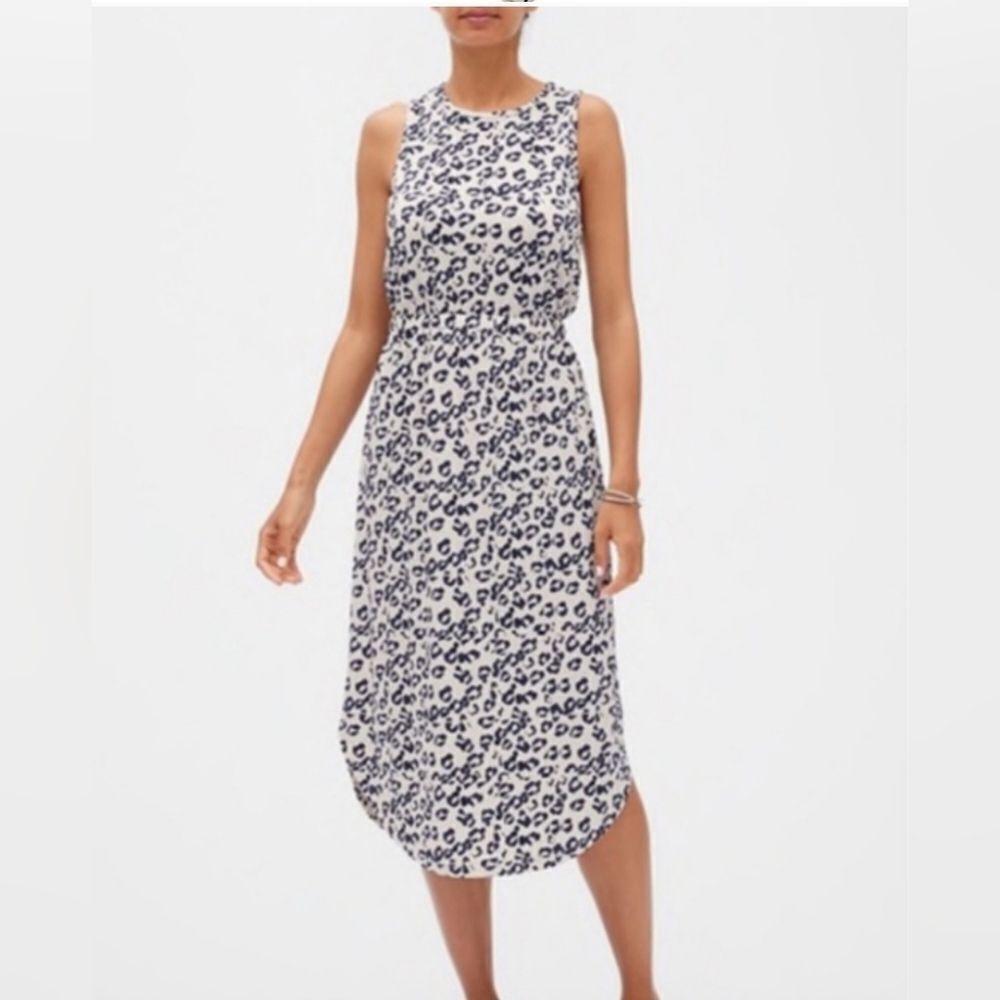 BANANA REPUBLIC Crossback Midi Dress‎ Navy Off White Leopard Print - Size Large - Picture 2 of 12
